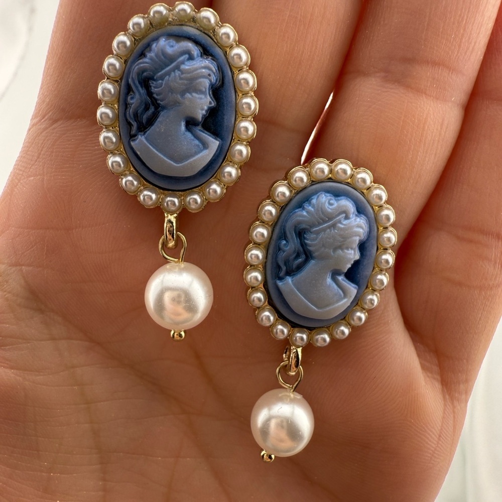 Victoria vintage gold color Blue oval Cameo Pearl Drop Earrings